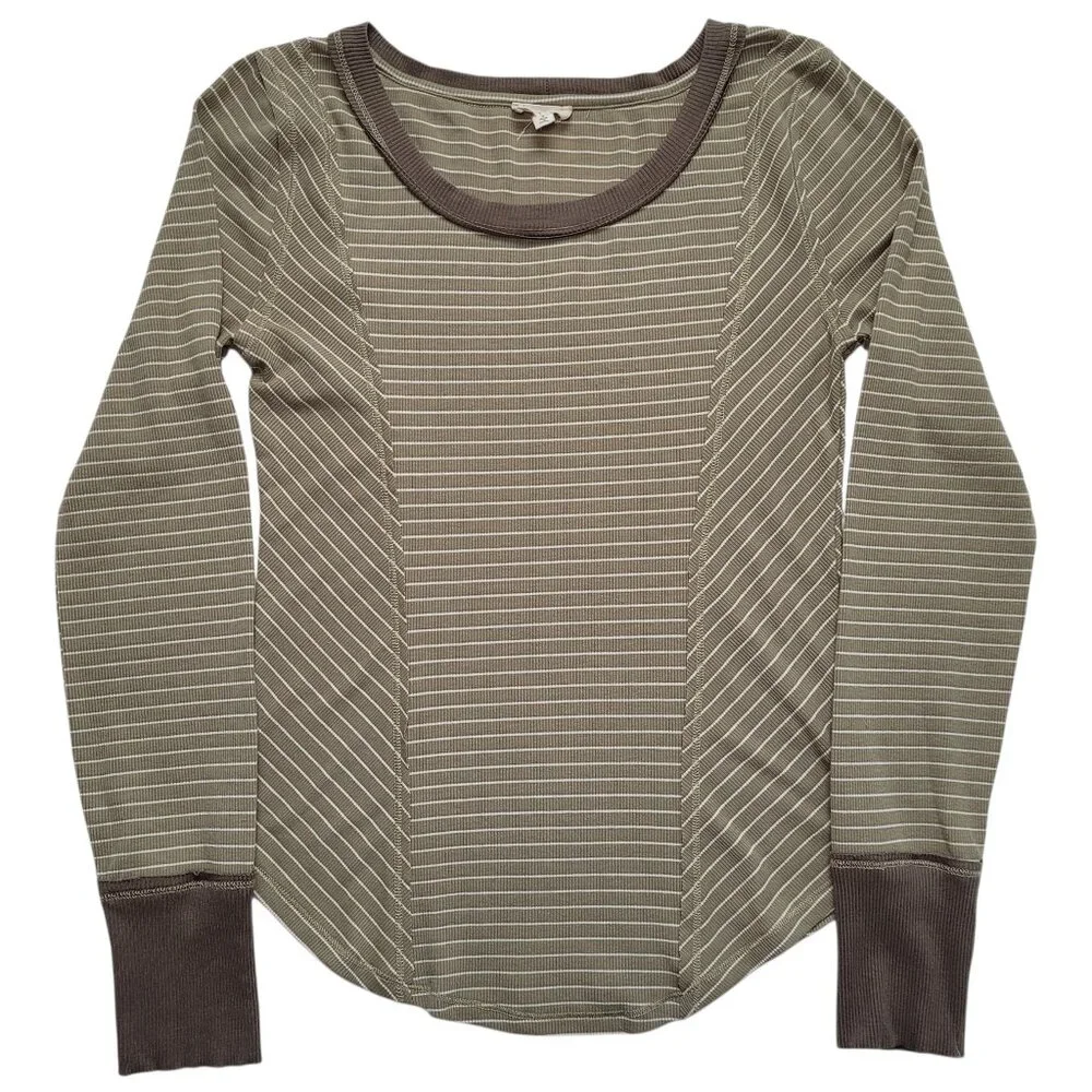 Hem & Thread Striped Ribbed Knit Top Raw Seam Long Sleeve Small Boho Gorpcore - Picture 3 of 9